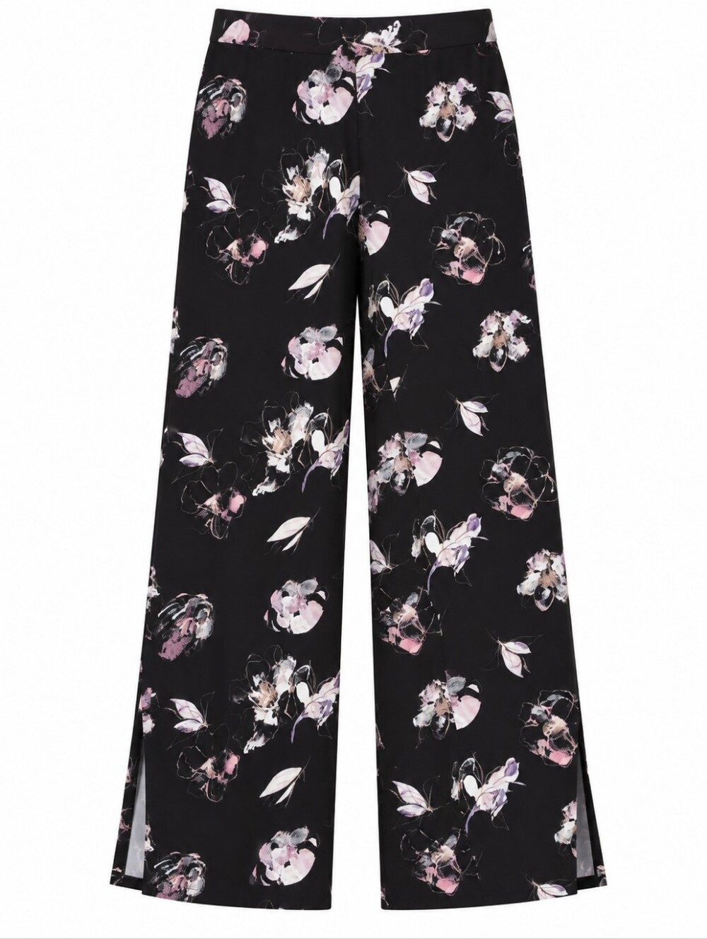 Jules & Leopold Black Wide-Leg Floral Pants with Pink & Cream Accents